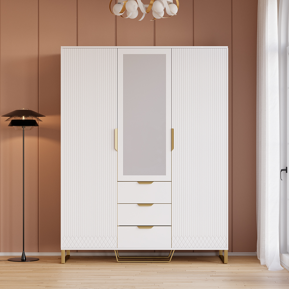 HMR - Aro Modern 3 Door Mirrored Armoire Dresser with Shelves & Drawers Tall Wardrobe Closet