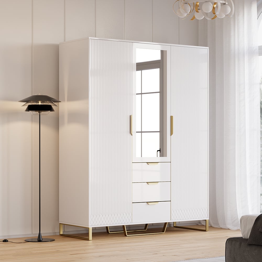 HMR - Aro Modern 3 Door Mirrored Armoire Dresser with Shelves & Drawers Tall Wardrobe Closet