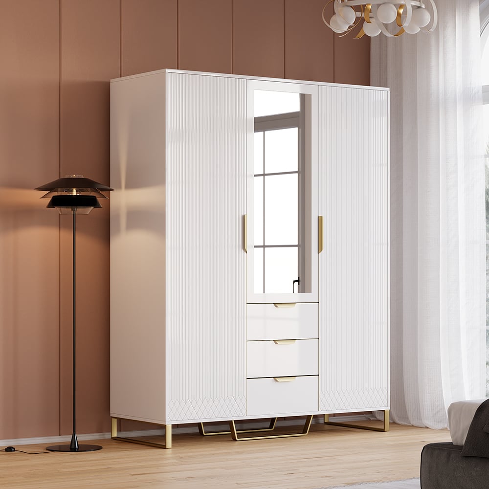 HMR - Aro Modern 3 Door Mirrored Armoire Dresser with Shelves & Drawers Tall Wardrobe Closet