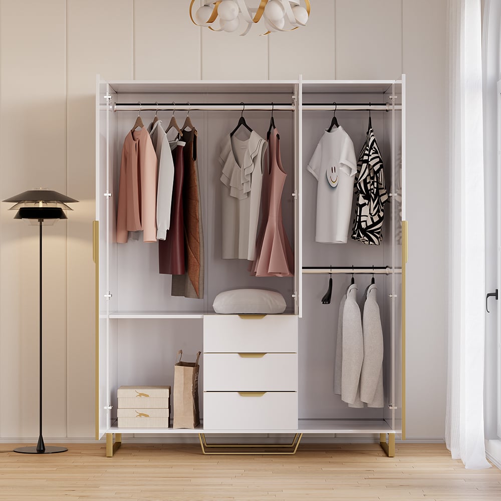 HMR - Aro Modern 3 Door Mirrored Armoire Dresser with Shelves & Drawers Tall Wardrobe Closet