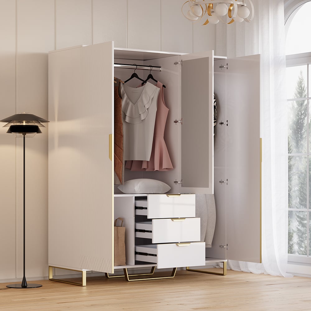 HMR - Aro Modern 3 Door Mirrored Armoire Dresser with Shelves & Drawers Tall Wardrobe Closet