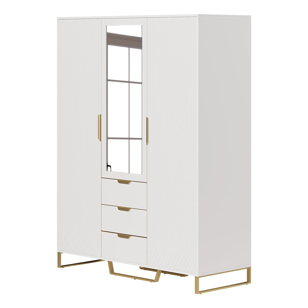 HMR - Aro Modern 3 Door Mirrored Armoire Dresser with Shelves & Drawers Tall Wardrobe Closet