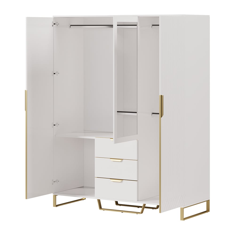 HMR - Aro Modern 3 Door Mirrored Armoire Dresser with Shelves & Drawers Tall Wardrobe Closet