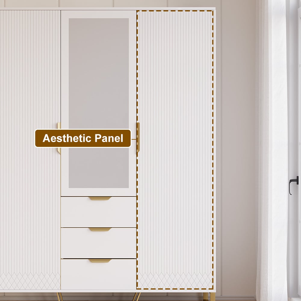 HMR - Aro Modern 3 Door Mirrored Armoire Dresser with Shelves & Drawers Tall Wardrobe Closet
