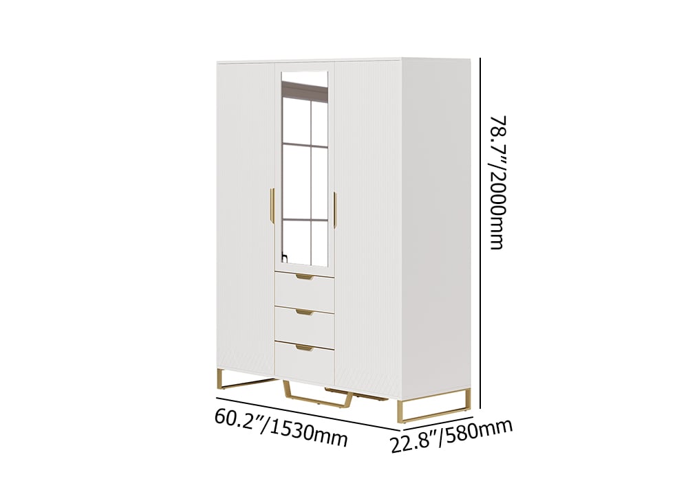 HMR - Aro Modern 3 Door Mirrored Armoire Dresser with Shelves & Drawers Tall Wardrobe Closet