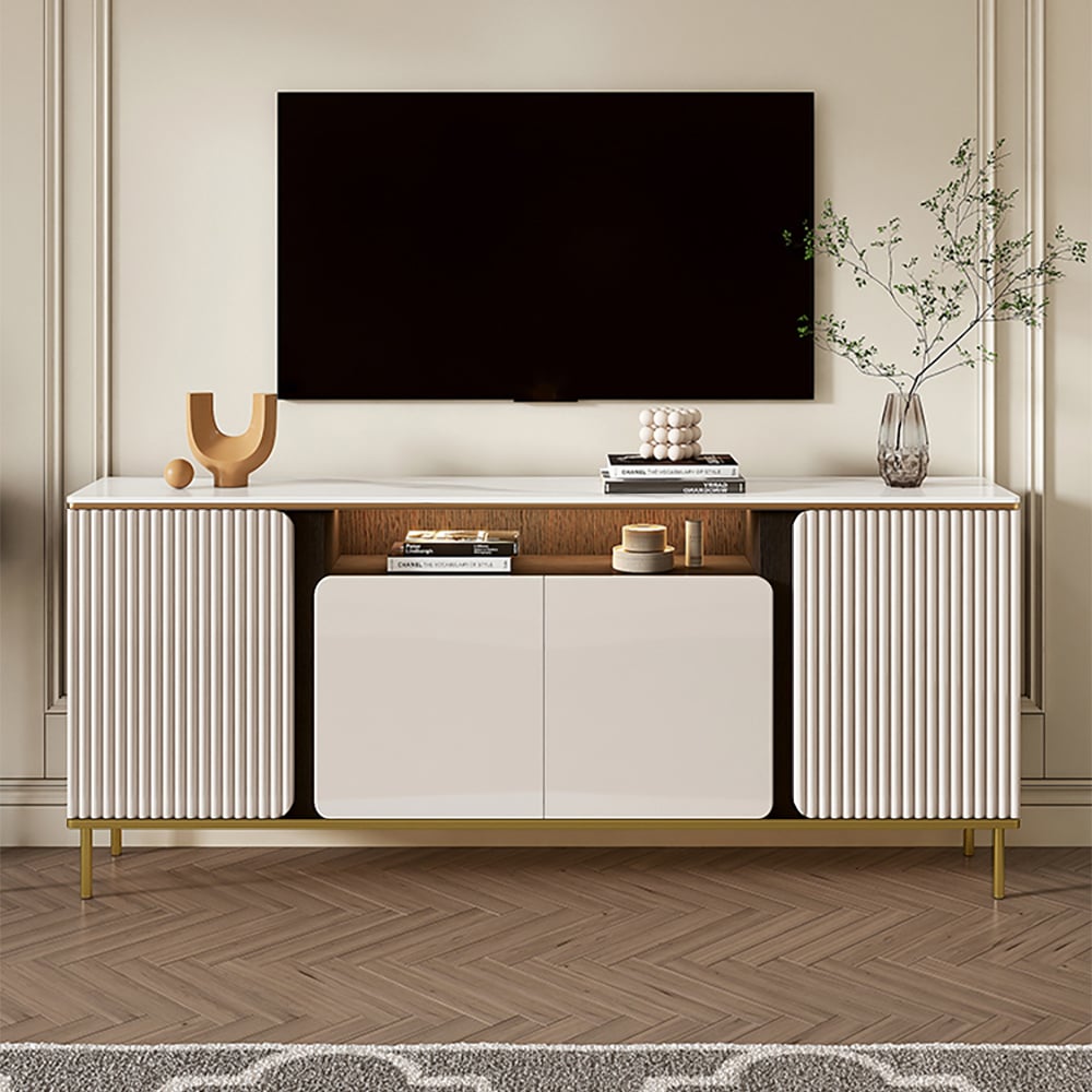 HMR - 63" Sintered Stone Top Tall Beige TV Stand with 4 Doors & 5 Shelves