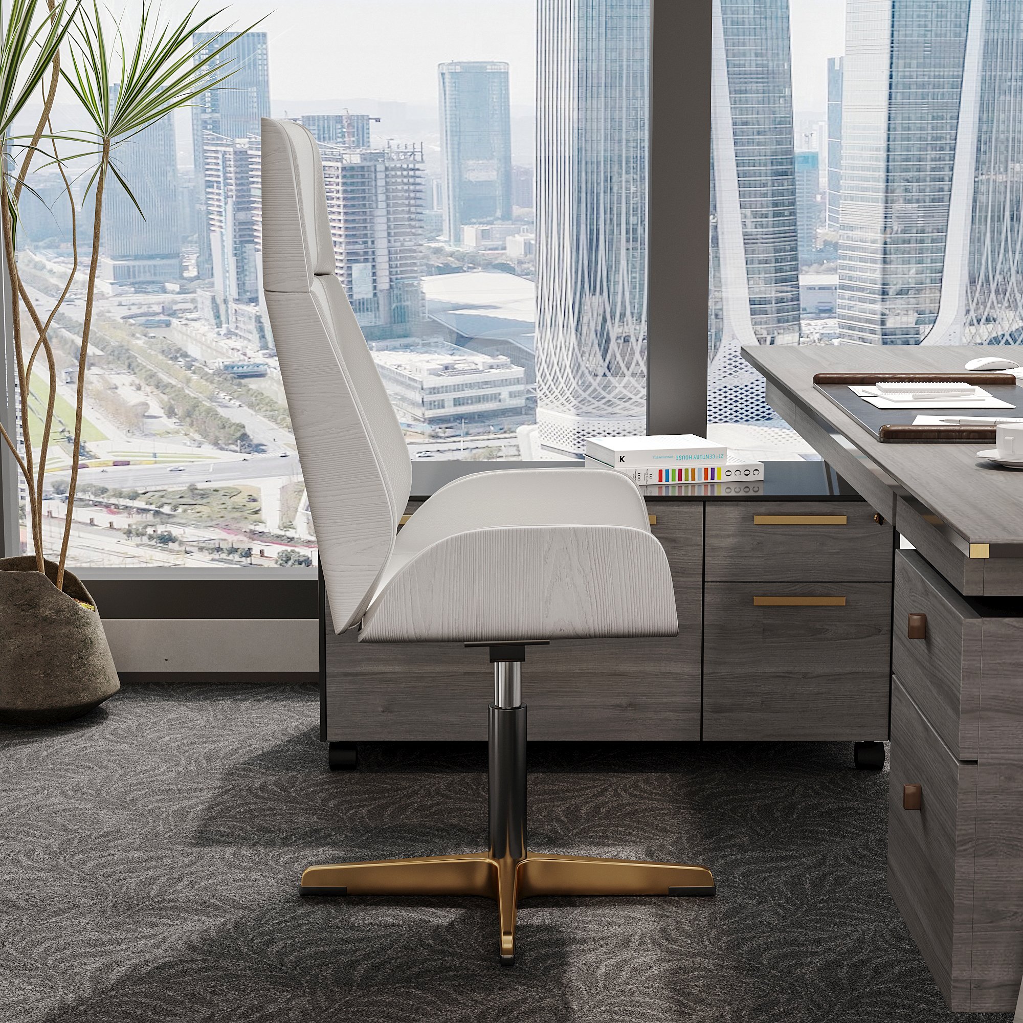 HMR Modern Home Office Chair with Upholstered High Back - White, Leather
