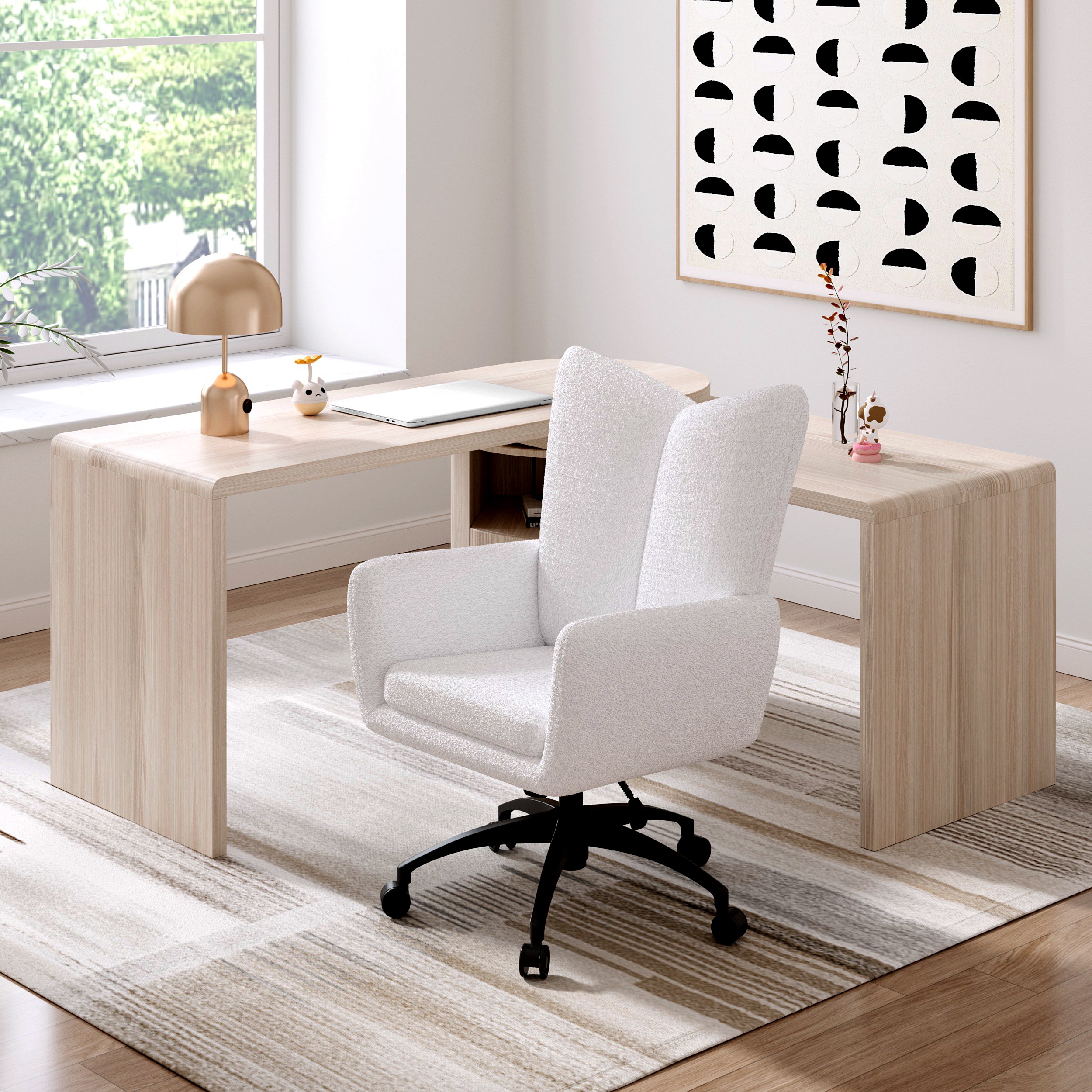 HMR - Modern Boucle White Adjustable Office Chair
