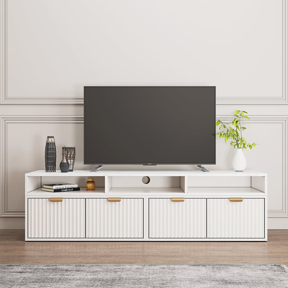 HMR - 56.6 Inch TV Stand White Corner Media Console Fluted with 2 Drawers & 5 Shelves