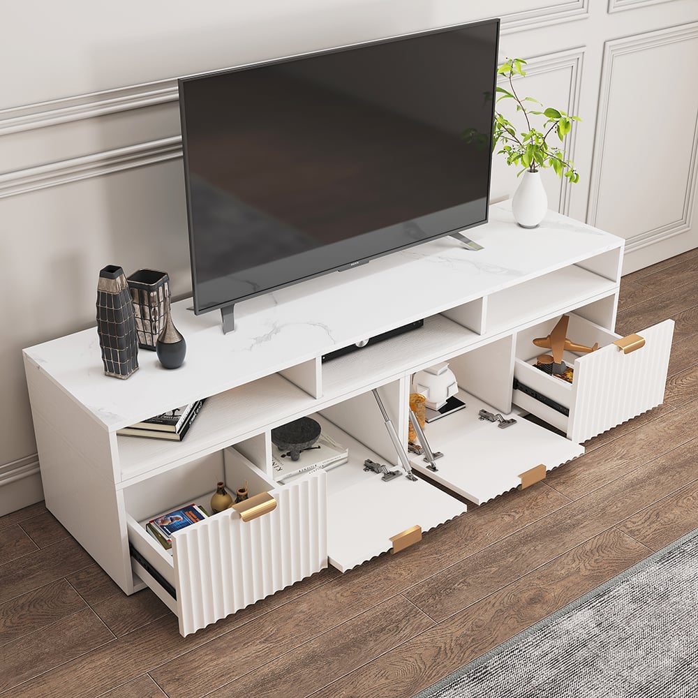 HMR - 56.6 Inch TV Stand White Corner Media Console Fluted with 2 Drawers & 5 Shelves