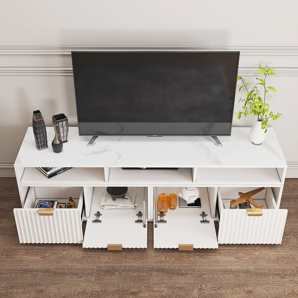 HMR - 56.6 Inch TV Stand White Corner Media Console Fluted with 2 Drawers & 5 Shelves