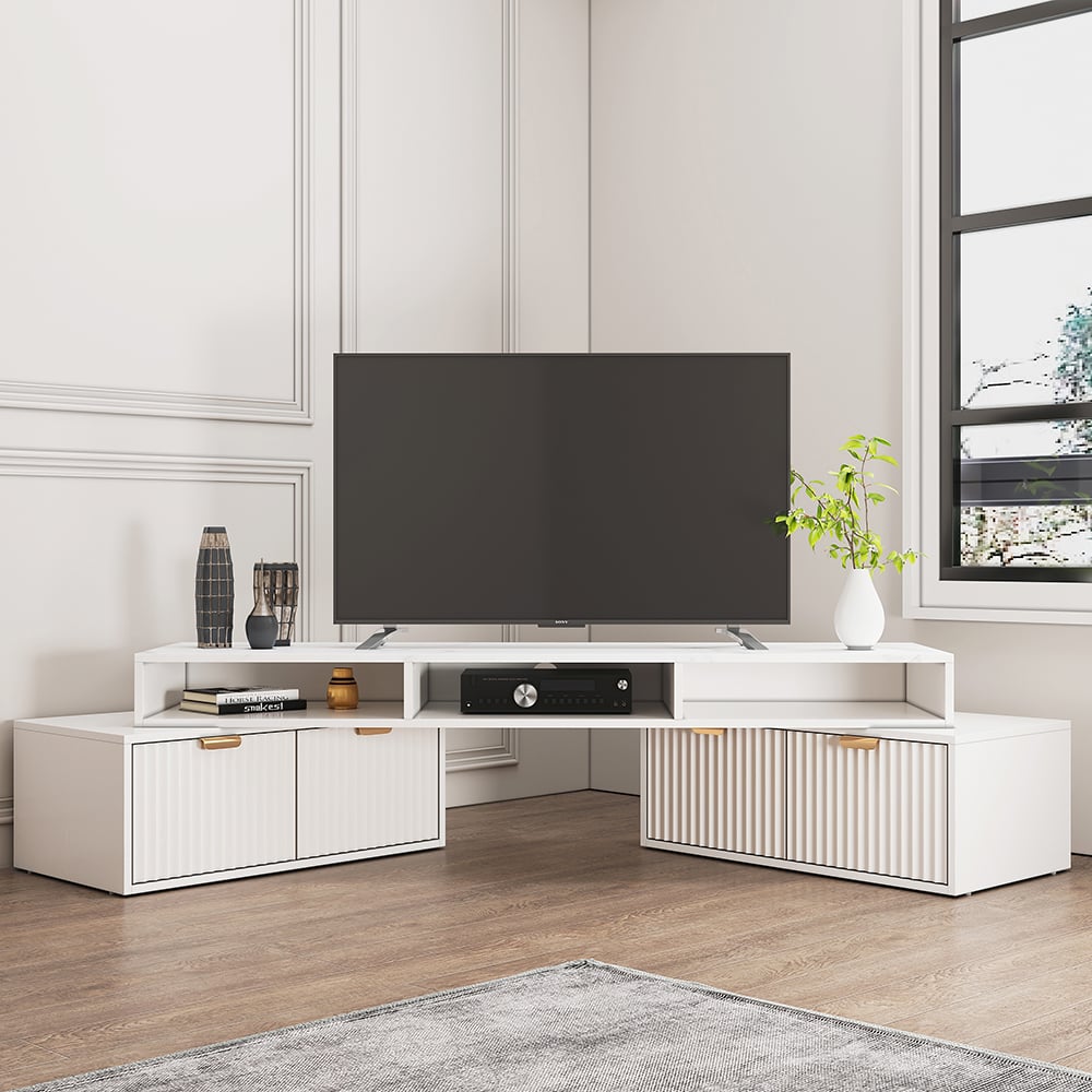HMR - 56.6 Inch TV Stand White Corner Media Console Fluted with 2 Drawers & 5 Shelves