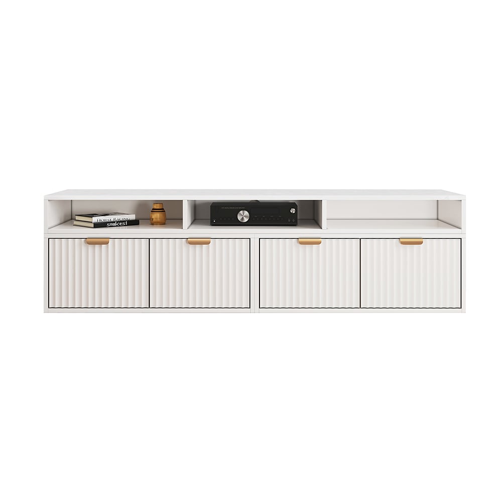 HMR - 56.6 Inch TV Stand White Corner Media Console Fluted with 2 Drawers & 5 Shelves