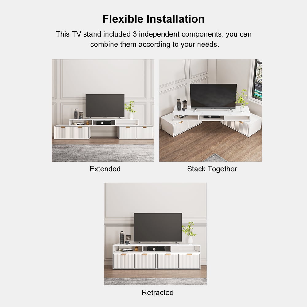 HMR - 56.6 Inch TV Stand White Corner Media Console Fluted with 2 Drawers & 5 Shelves