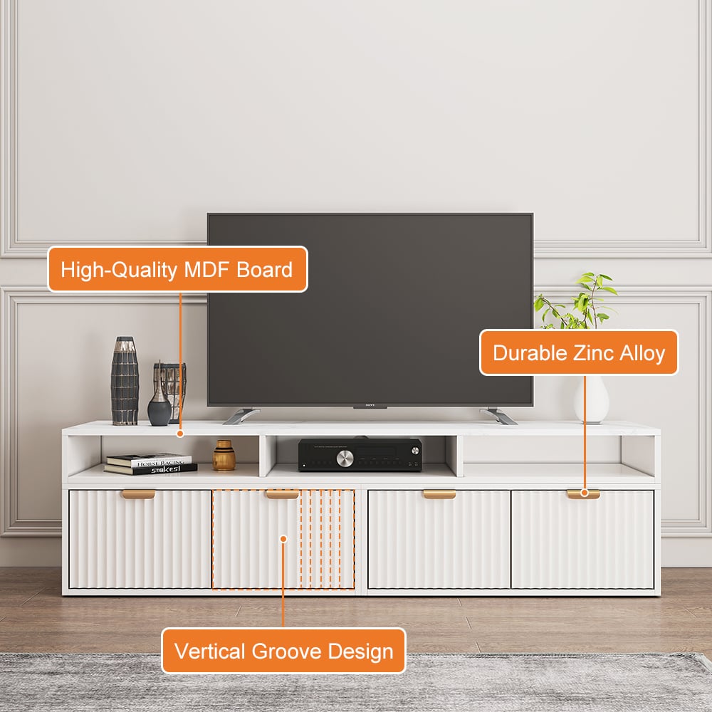 HMR - 56.6 Inch TV Stand White Corner Media Console Fluted with 2 Drawers & 5 Shelves