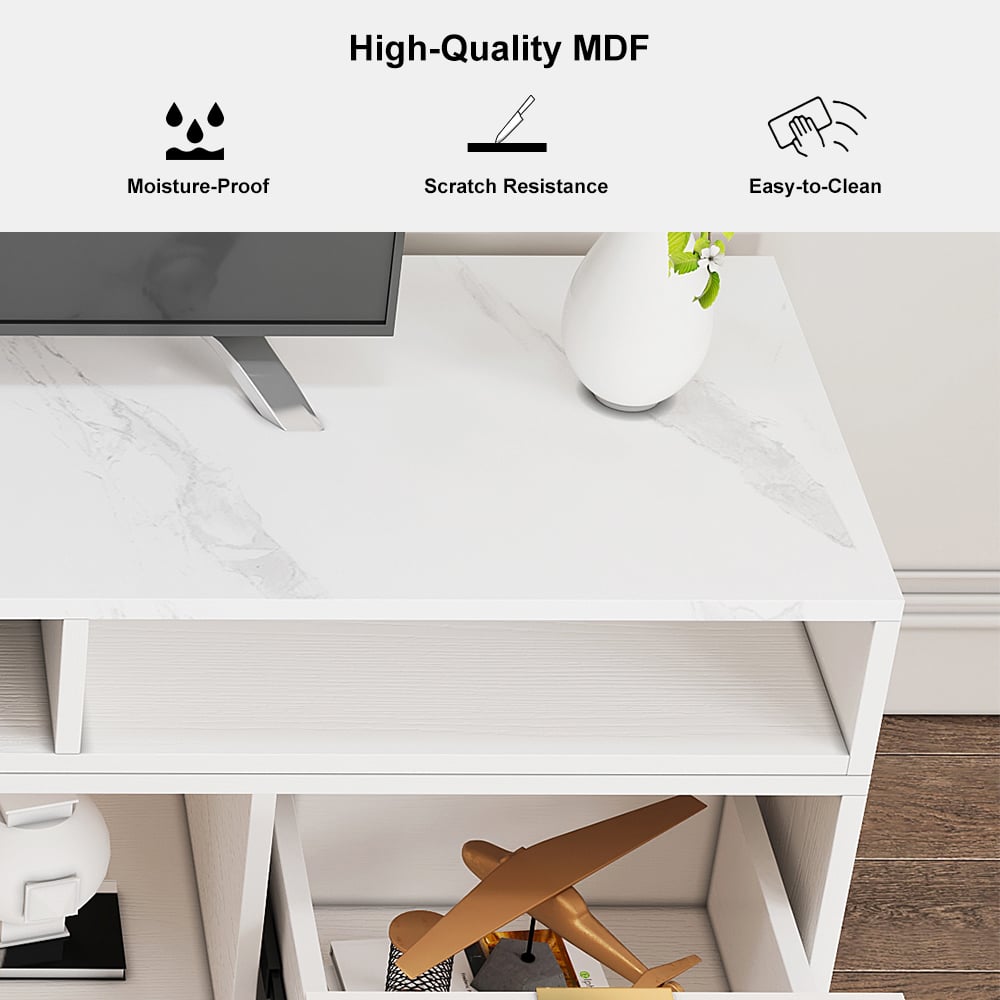 HMR - 56.6 Inch TV Stand White Corner Media Console Fluted with 2 Drawers & 5 Shelves