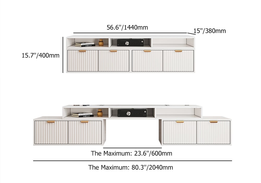 HMR - 56.6 Inch TV Stand White Corner Media Console Fluted with 2 Drawers & 5 Shelves