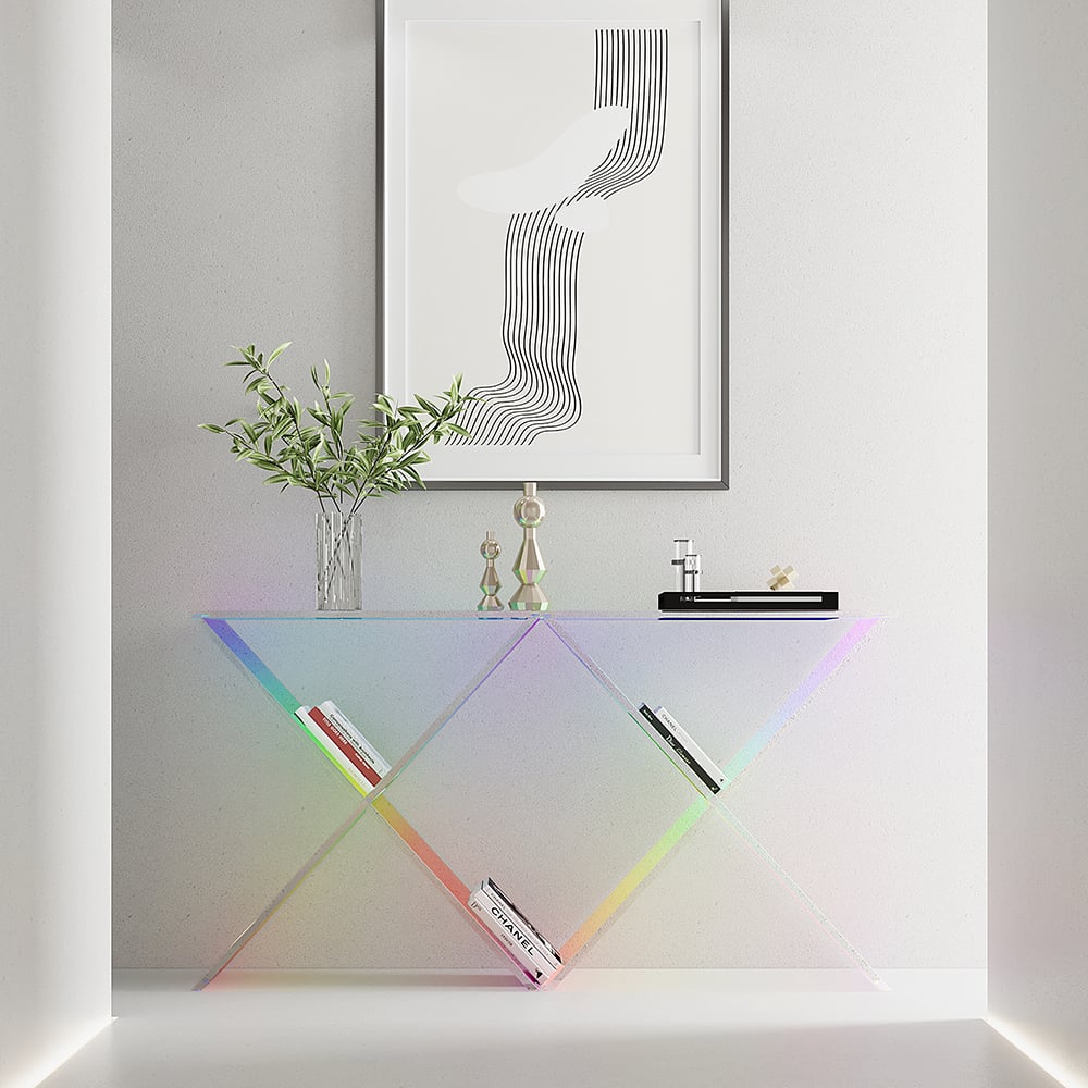 HMR - Clearic 47.2" Acrylic Iridescent Console Table Modern Accent Entryway Cross Base