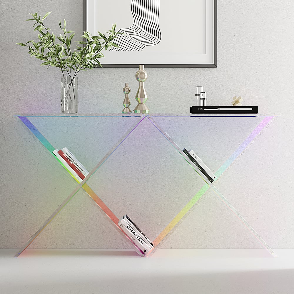 HMR - Clearic 47.2" Acrylic Iridescent Console Table Modern Accent Entryway Cross Base