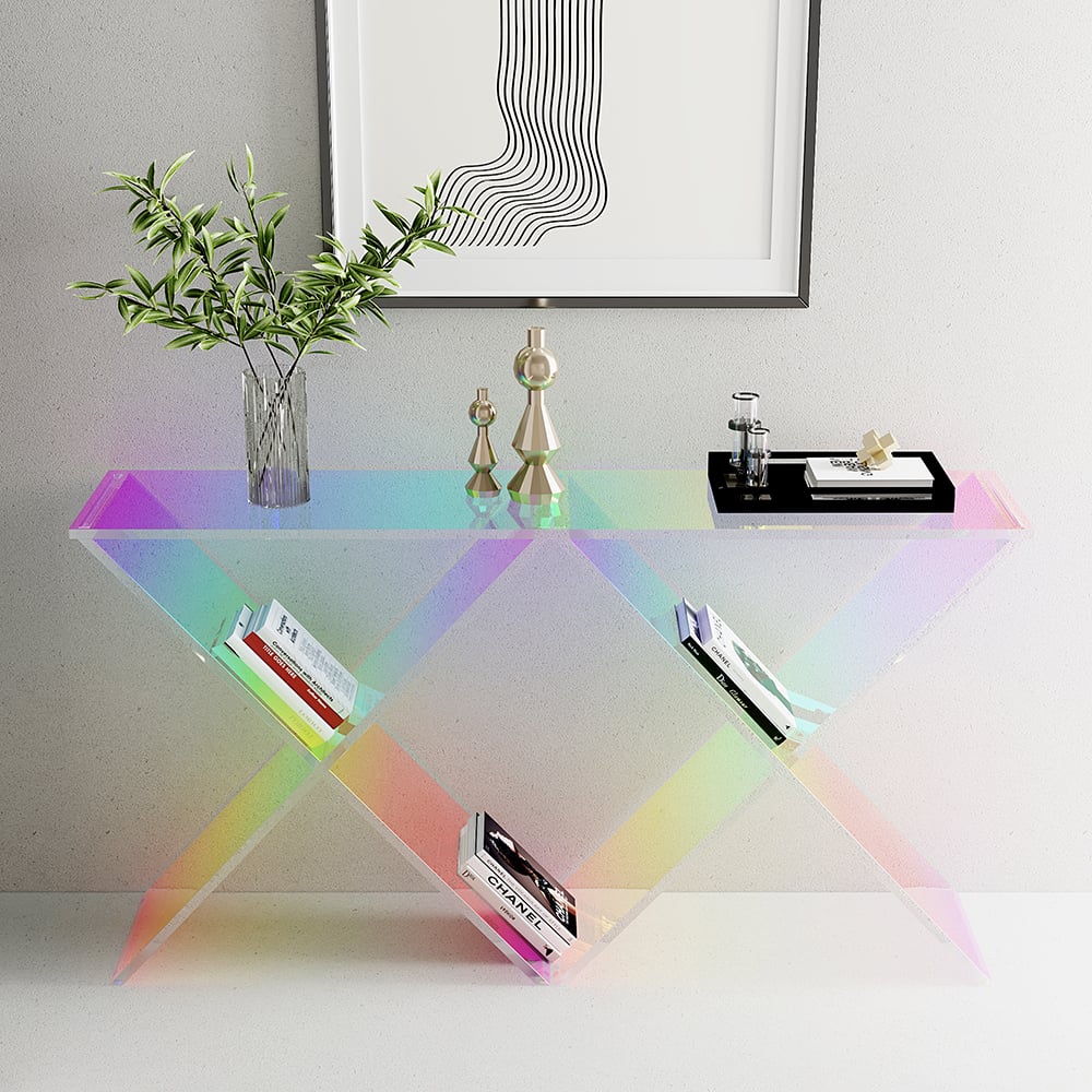 HMR - Clearic 47.2" Acrylic Iridescent Console Table Modern Accent Entryway Cross Base