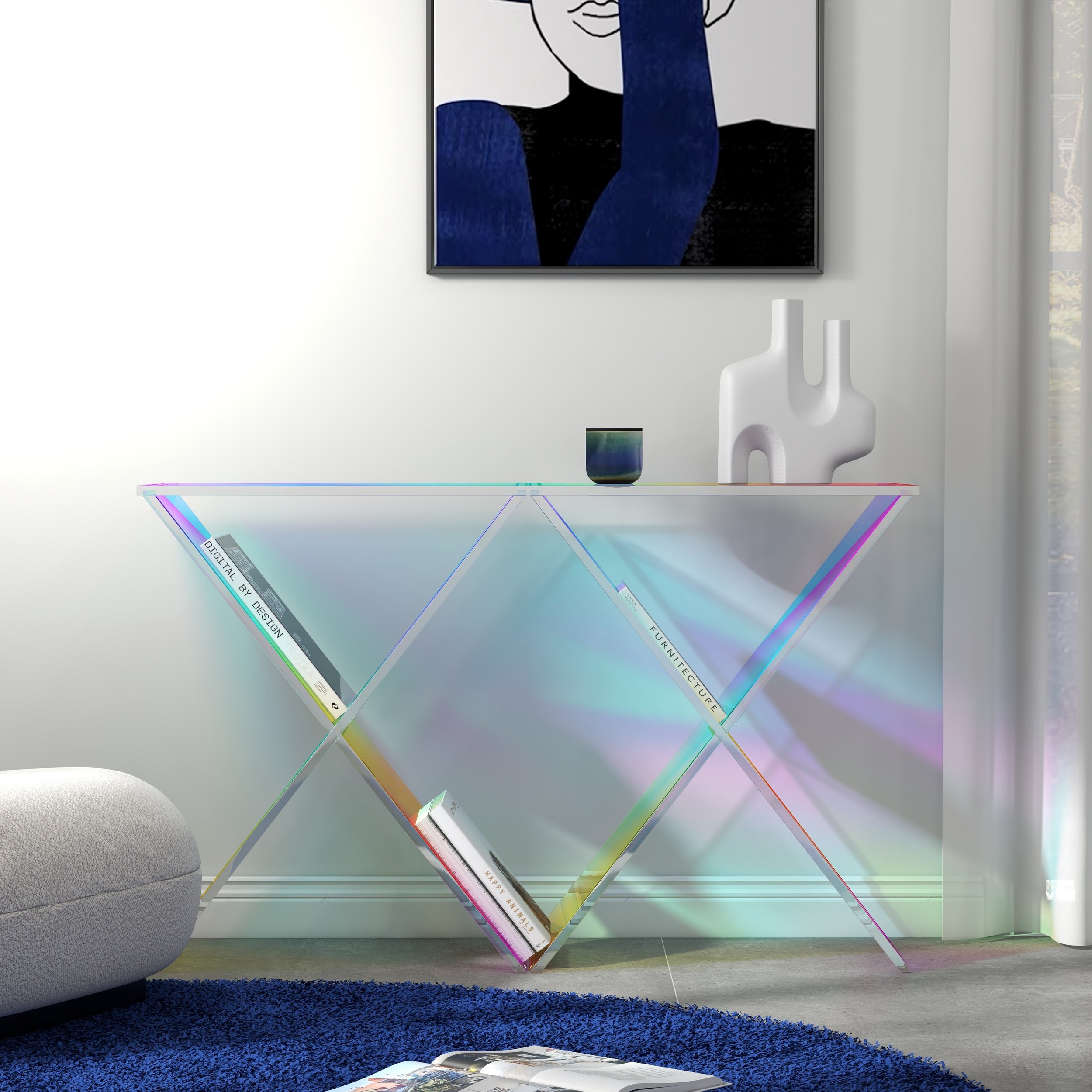 HMR - Clearic 47.2" Acrylic Iridescent Console Table Modern Accent Entryway Cross Base