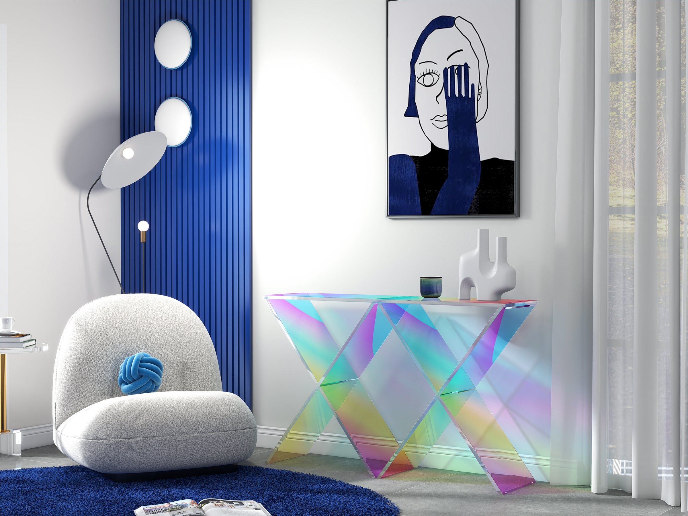 HMR - Clearic 47.2" Acrylic Iridescent Console Table Modern Accent Entryway Cross Base