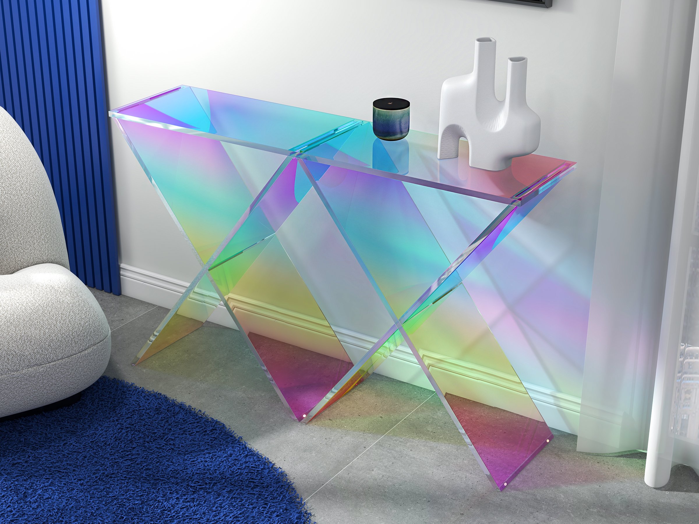 HMR - Clearic 47.2" Acrylic Iridescent Console Table Modern Accent Entryway Cross Base