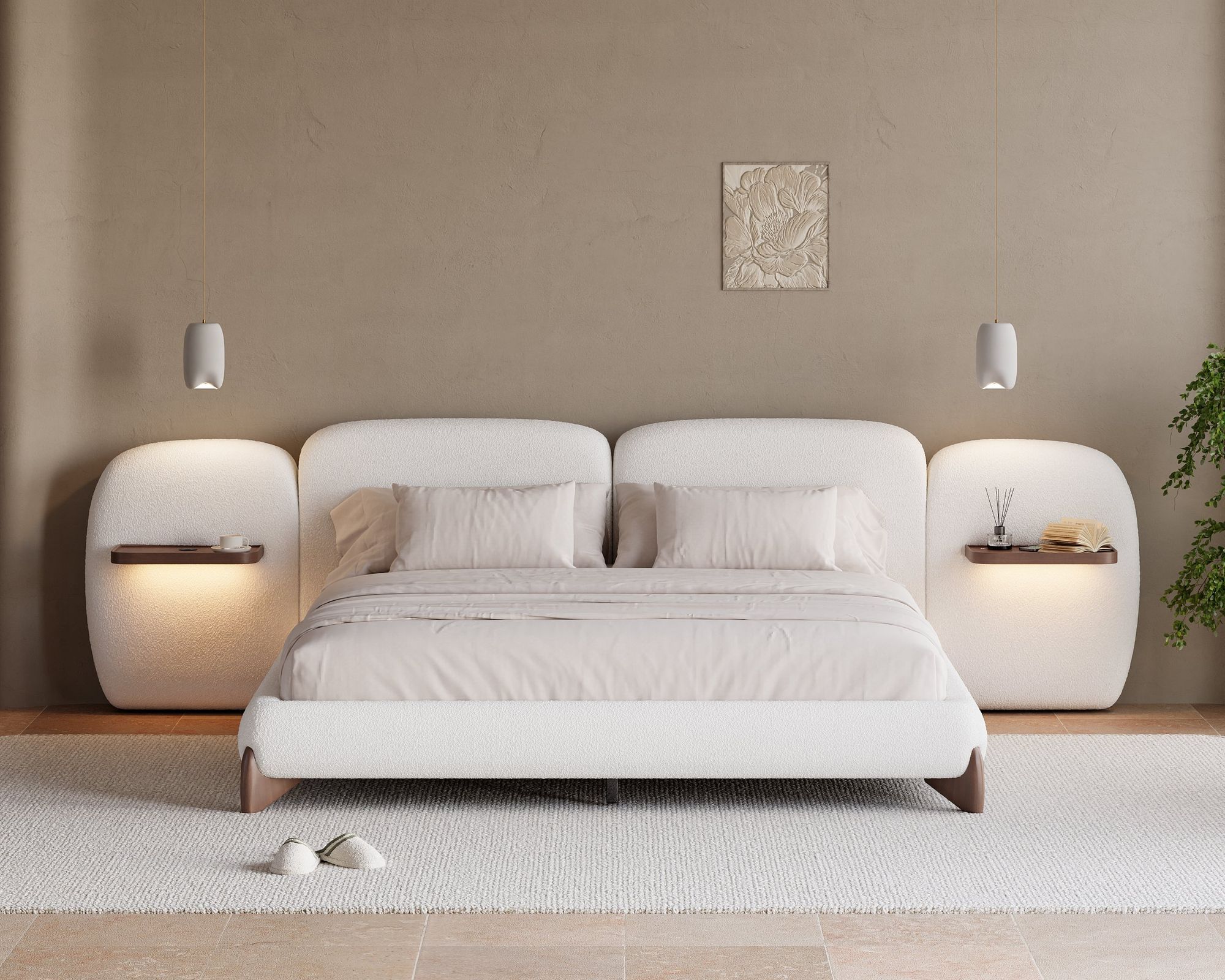 HMR Curva Boucle Bed with Headboard - White, King, With Shelf