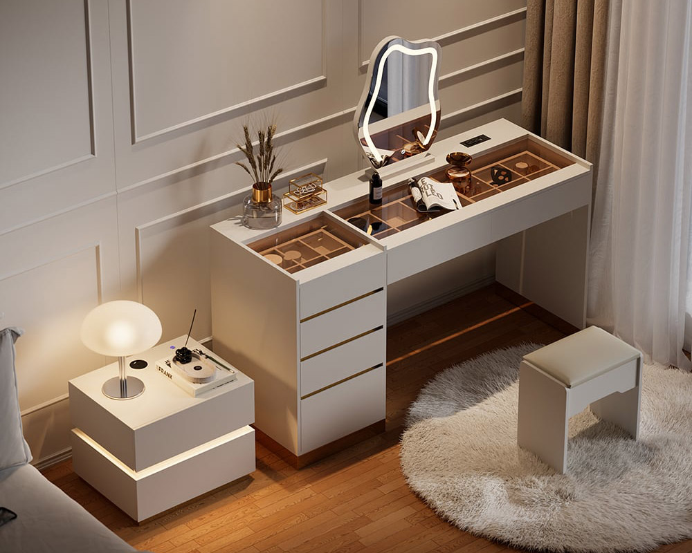 HMR LED Mirror Makeup Vanity Set with 2 Smart Nightstands - White, 2 Drawers