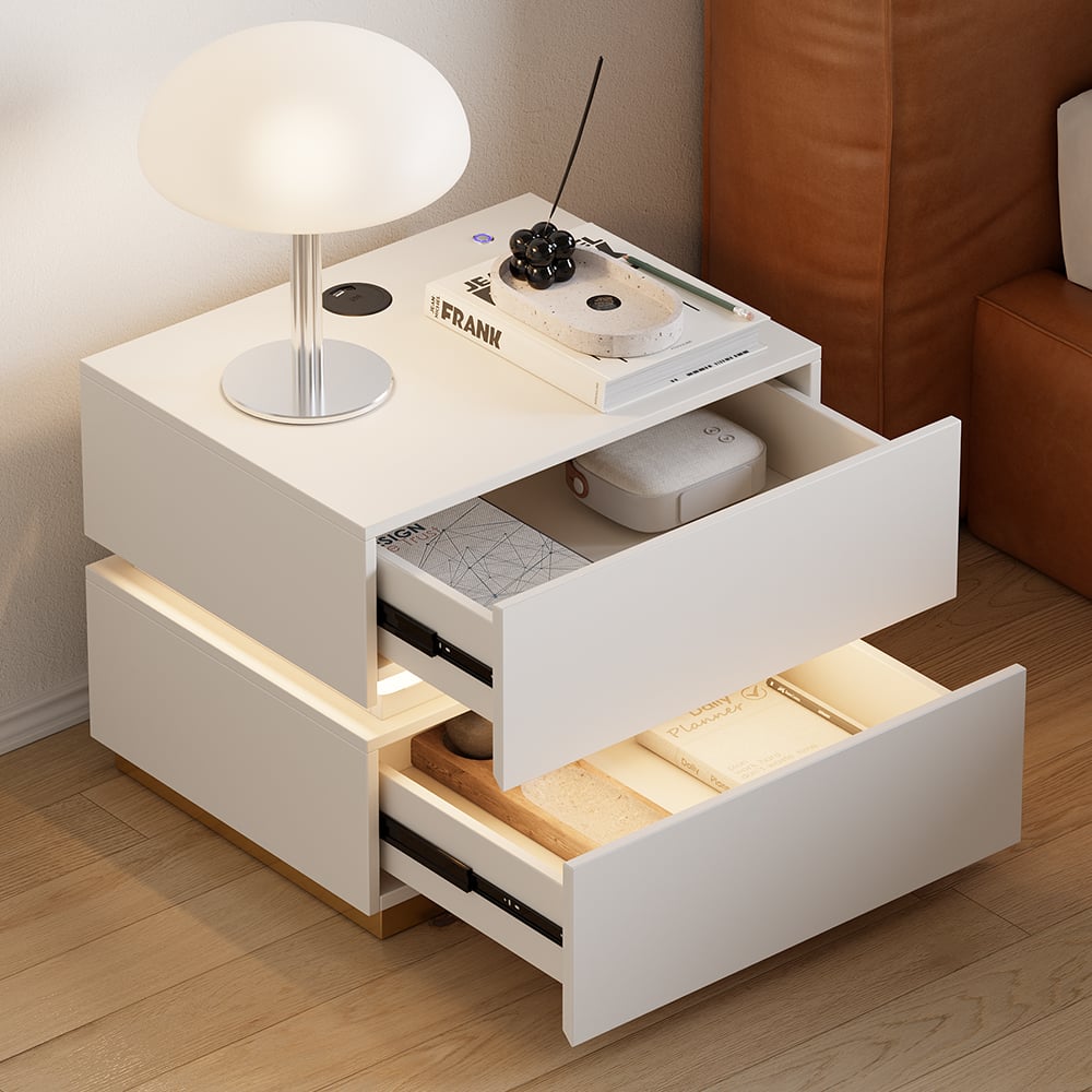 HMR LED Mirror Makeup Vanity Set with 2 Smart Nightstands - White, 2 Drawers