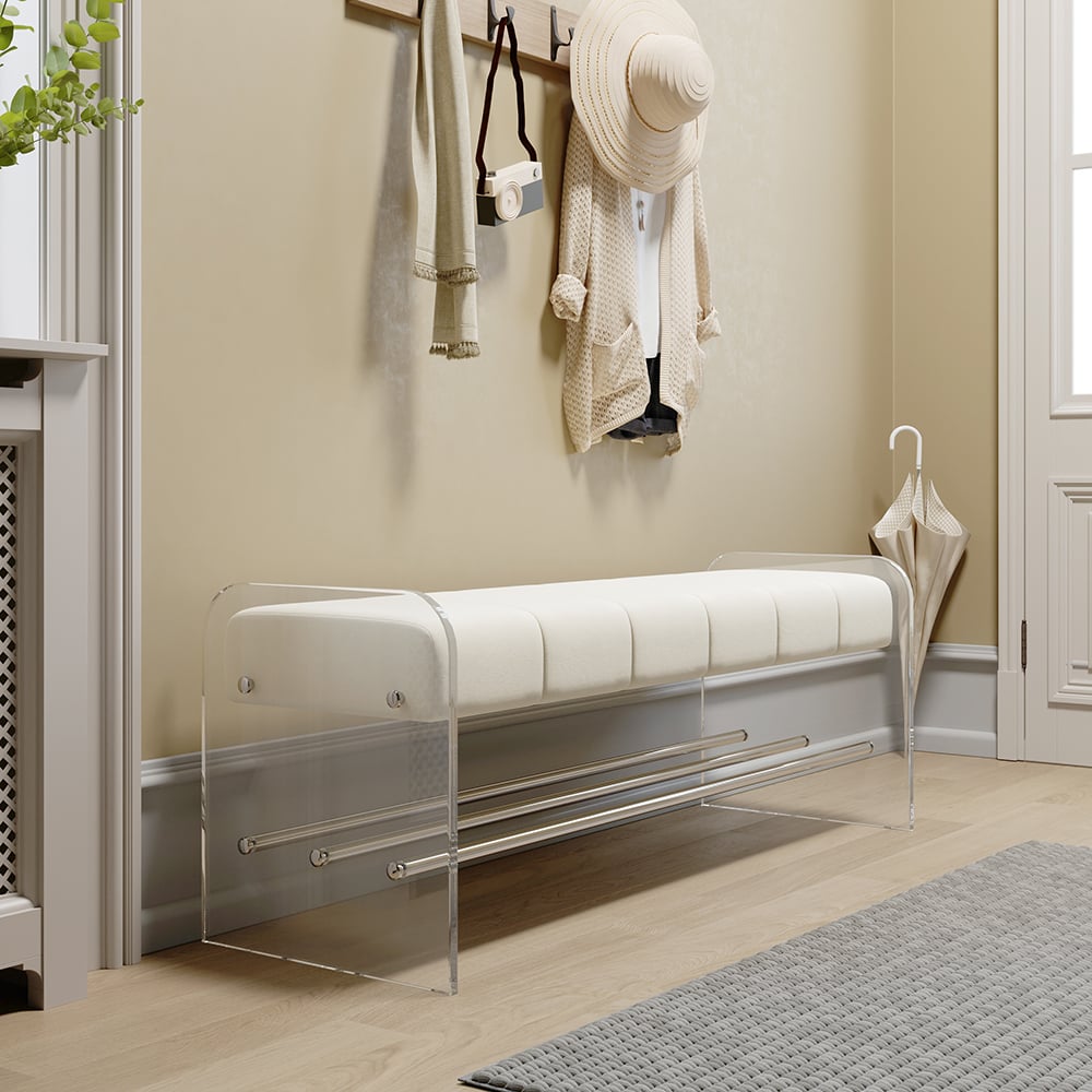 HMR - Velvet Upholstered Acrylic Entryway Bench Modern Line Bench in White Finish
