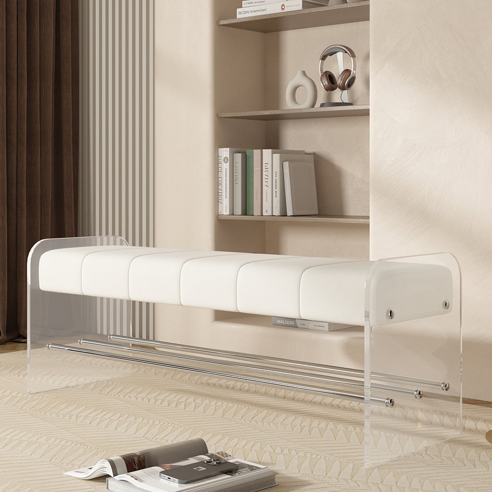 HMR - Velvet Upholstered Acrylic Entryway Bench Modern Line Bench in White Finish