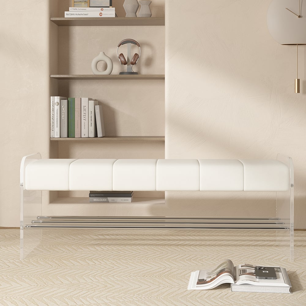 HMR - Velvet Upholstered Acrylic Entryway Bench Modern Line Bench in White Finish