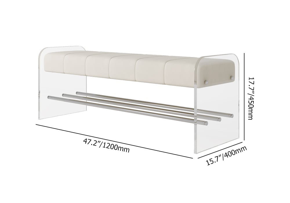 HMR - Velvet Upholstered Acrylic Entryway Bench Modern Line Bench in White Finish