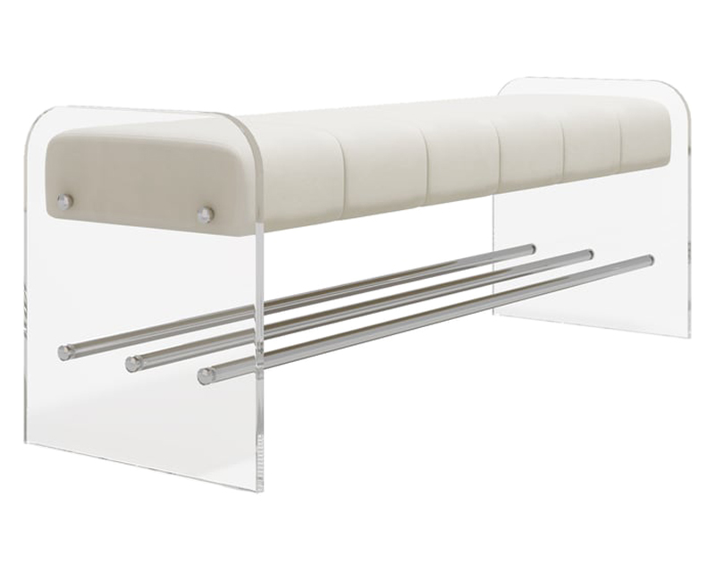 HMR - Velvet Upholstered Acrylic Entryway Bench Modern Line Bench in White Finish