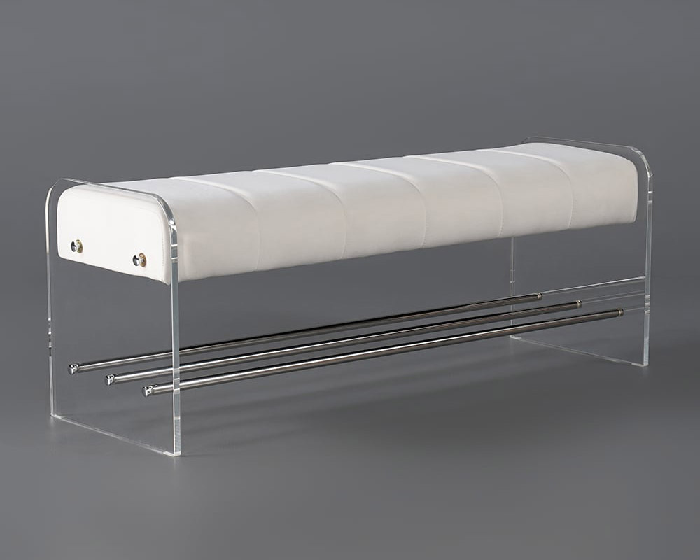 HMR - Velvet Upholstered Acrylic Entryway Bench Modern Line Bench in White Finish