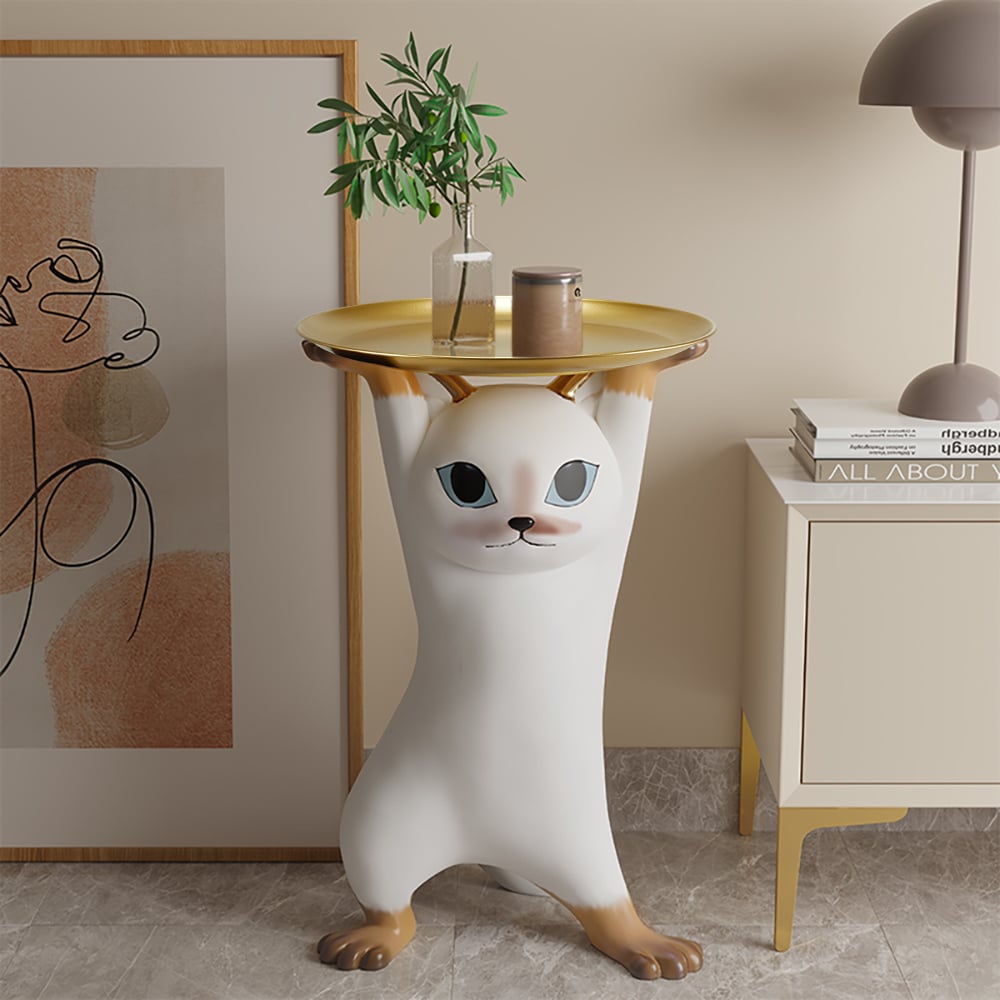 HMR - Cat Deco Resin Figurine Side Table with Tray Top