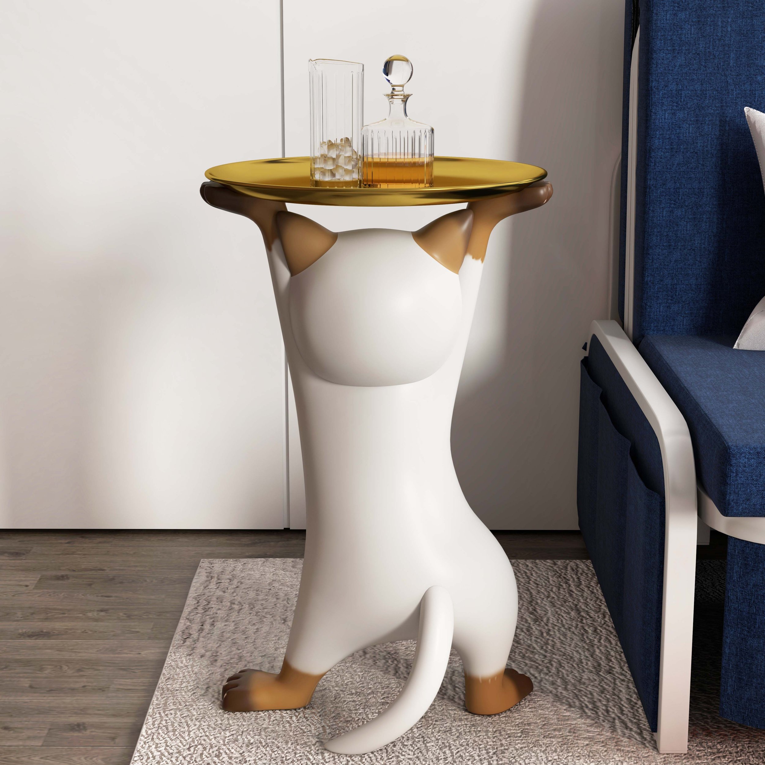 HMR - Cat Deco Resin Figurine Side Table with Tray Top