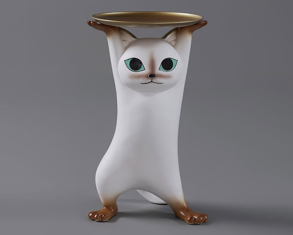 HMR - Cat Deco Resin Figurine Side Table with Tray Top