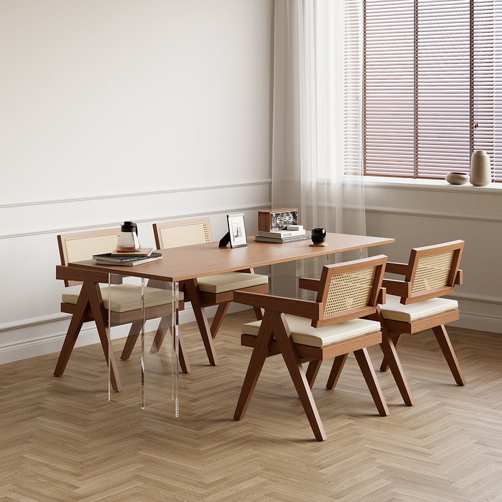 HMR Archic Japandi Bleached Wood Rattan Dining Chair with Solid Wood Frame - Walnut, With Upholstery, 2-Pieces