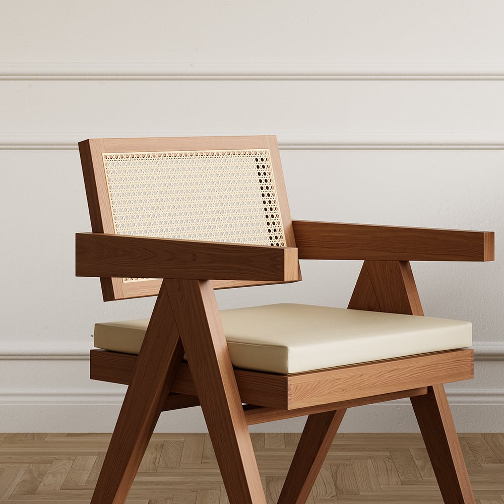 HMR Archic Japandi Bleached Wood Rattan Dining Chair with Solid Wood Frame - Walnut, With Upholstery, 2-Pieces