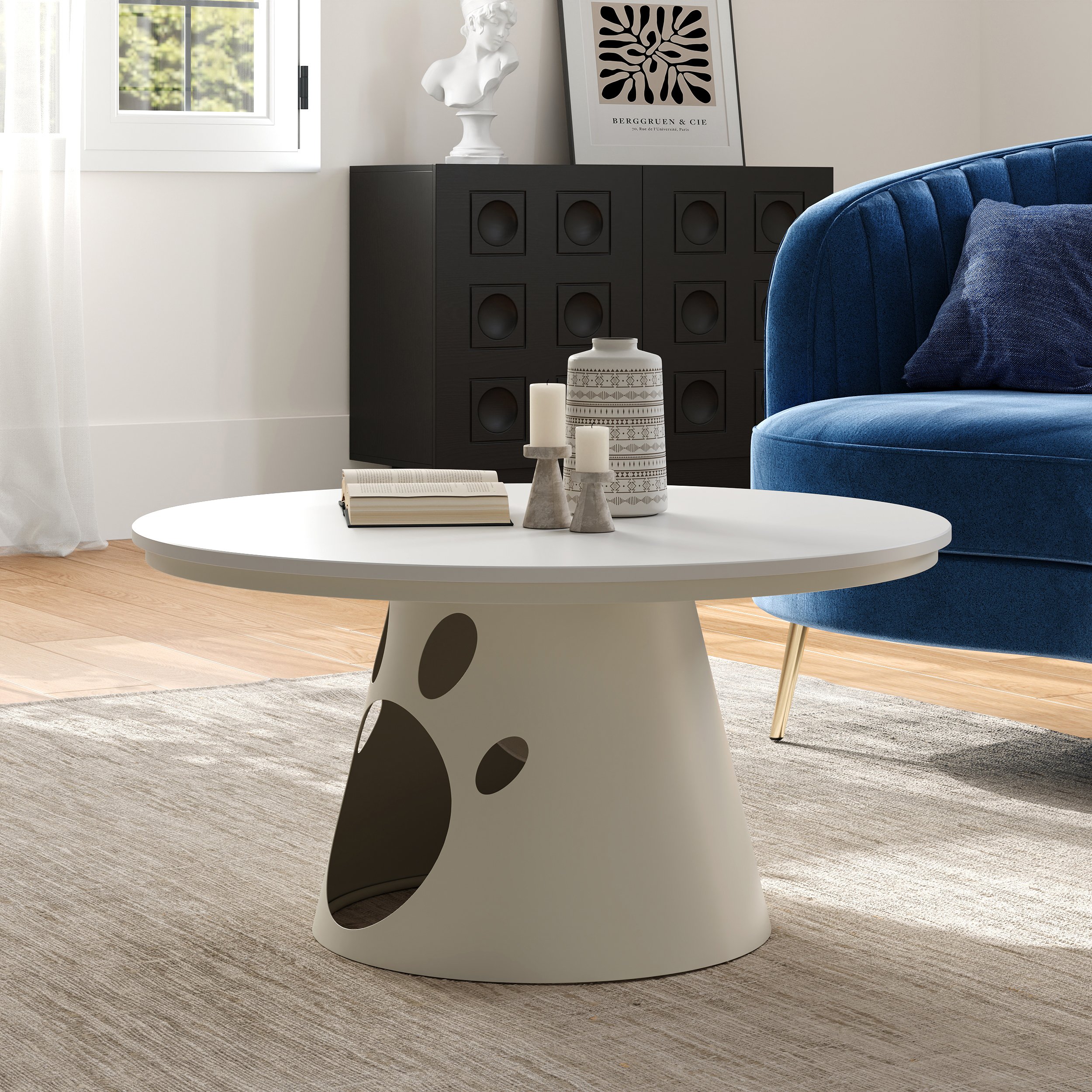 HMR - 31.5" Round Stone Top Coffee Table with Cat House