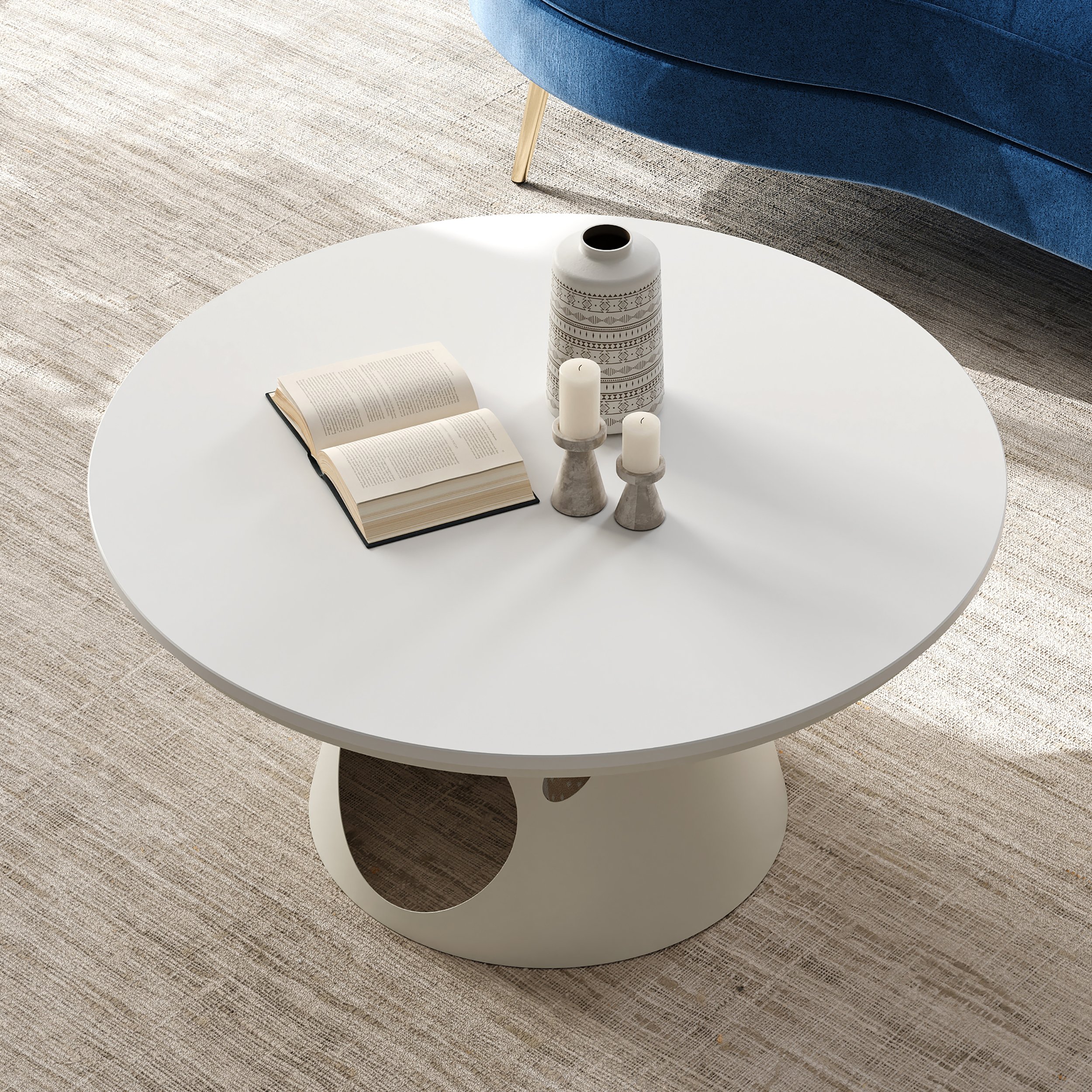 HMR - 31.5" Round Stone Top Coffee Table with Cat House