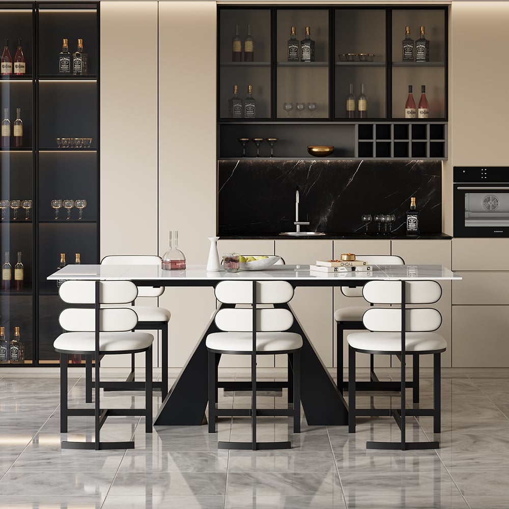 HMR Modern Wood Dining Chairs with PU Leather - White, Faux Leather, 6-Pieces