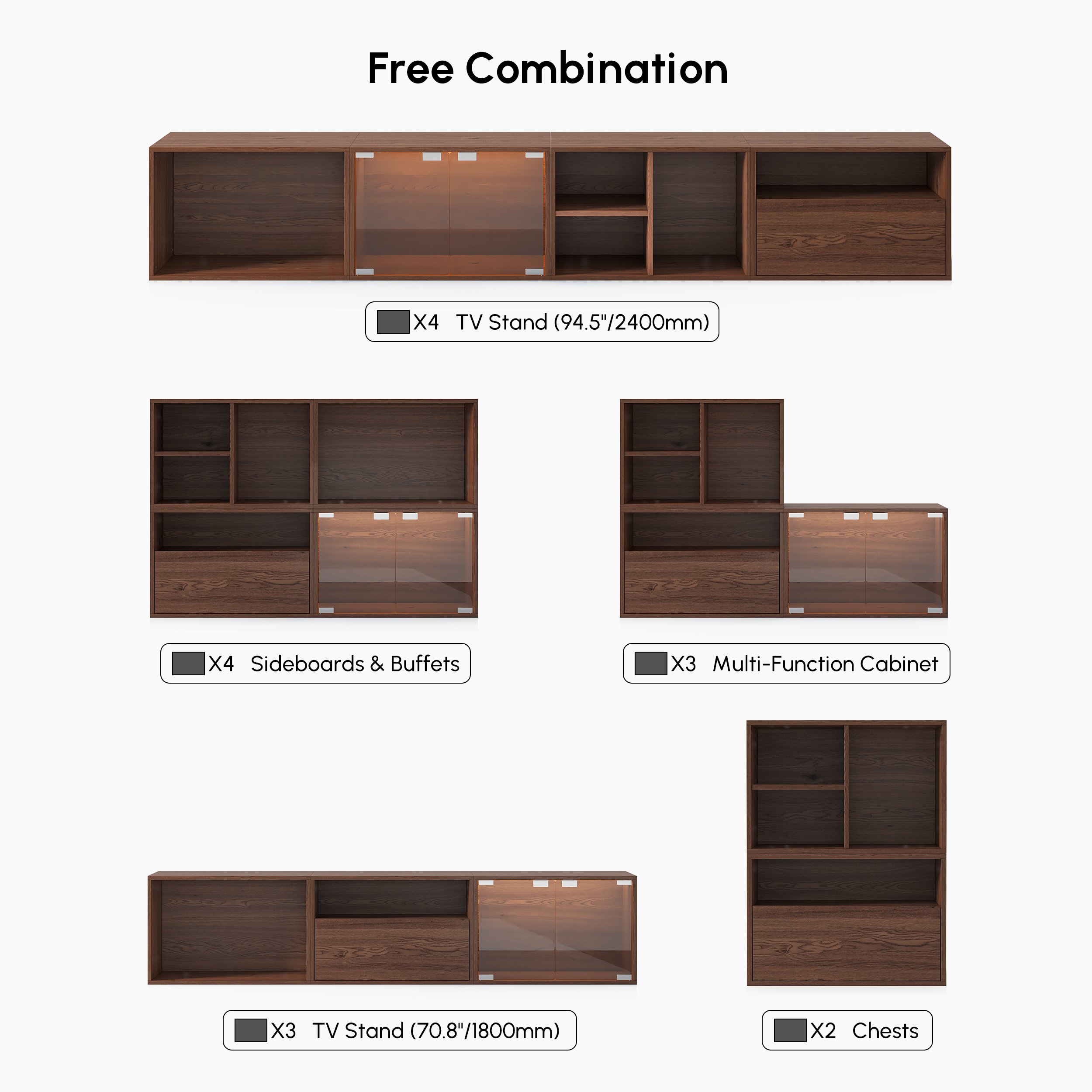 HMR - 94.5" Walnut Modular TV Stand with Storage