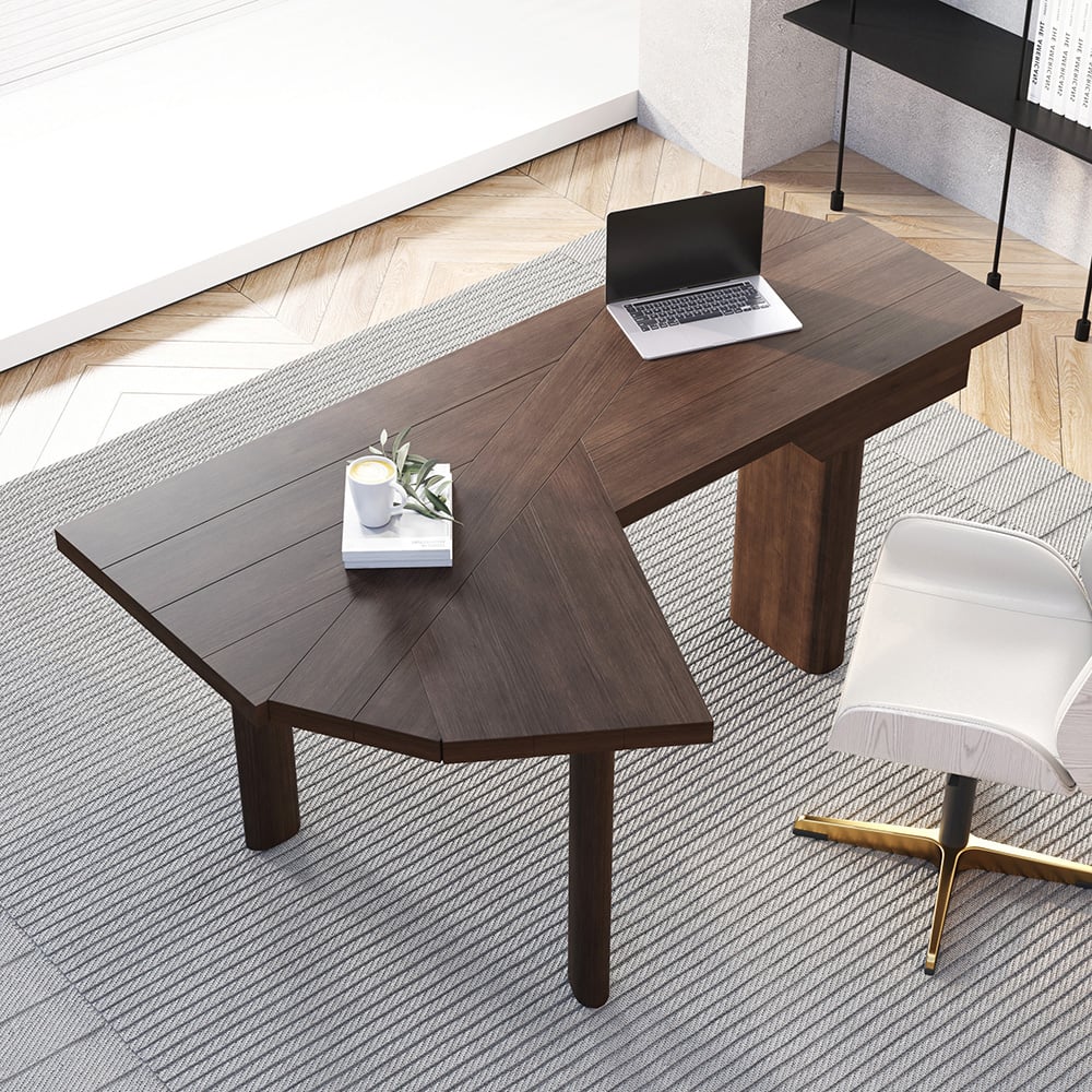 HMR - 60" Japandi Walnut L-Shape Writing Desk with 1 Drawer Wood Corner Desk Irregular Top