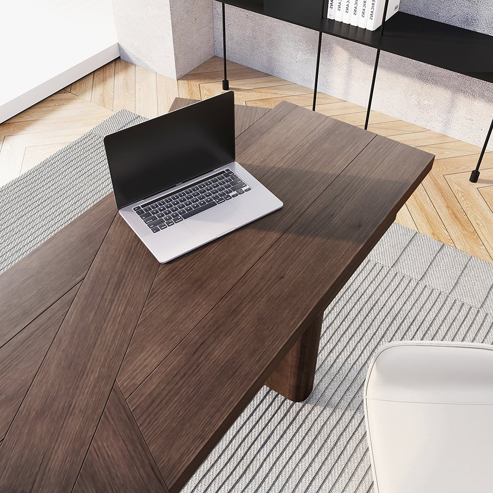 HMR - 60" Japandi Walnut L-Shape Writing Desk with 1 Drawer Wood Corner Desk Irregular Top