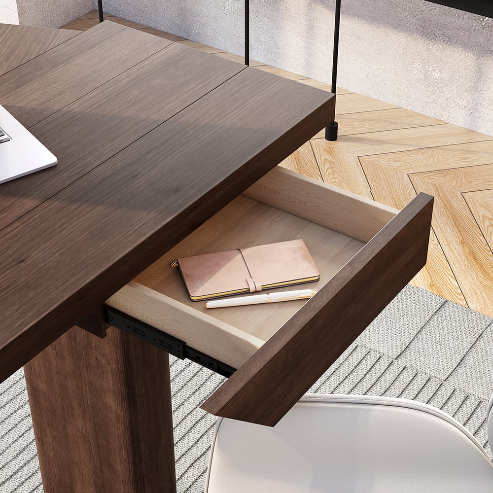 HMR - 60" Japandi Walnut L-Shape Writing Desk with 1 Drawer Wood Corner Desk Irregular Top
