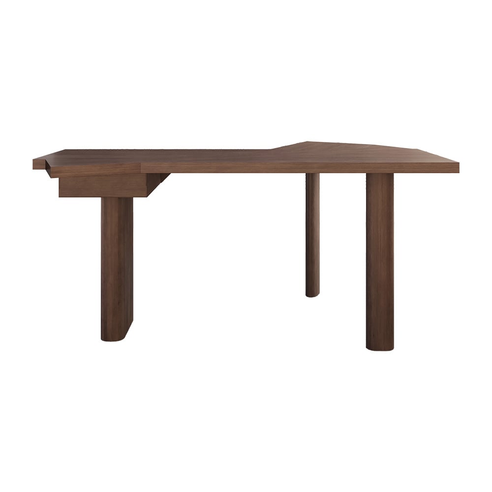 HMR - 60" Japandi Walnut L-Shape Writing Desk with 1 Drawer Wood Corner Desk Irregular Top