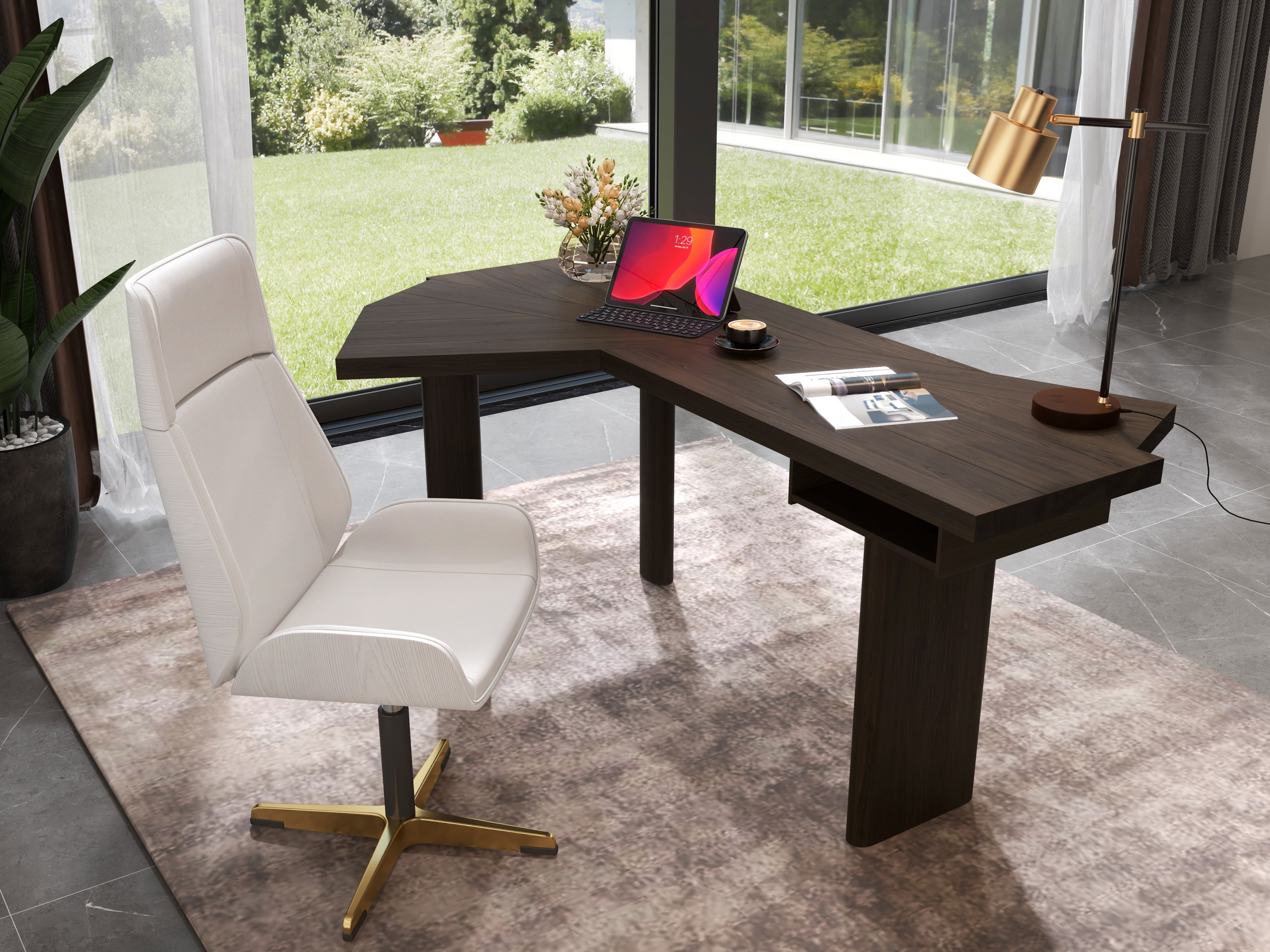 HMR - 60" Japandi Walnut L-Shape Writing Desk with 1 Drawer Wood Corner Desk Irregular Top